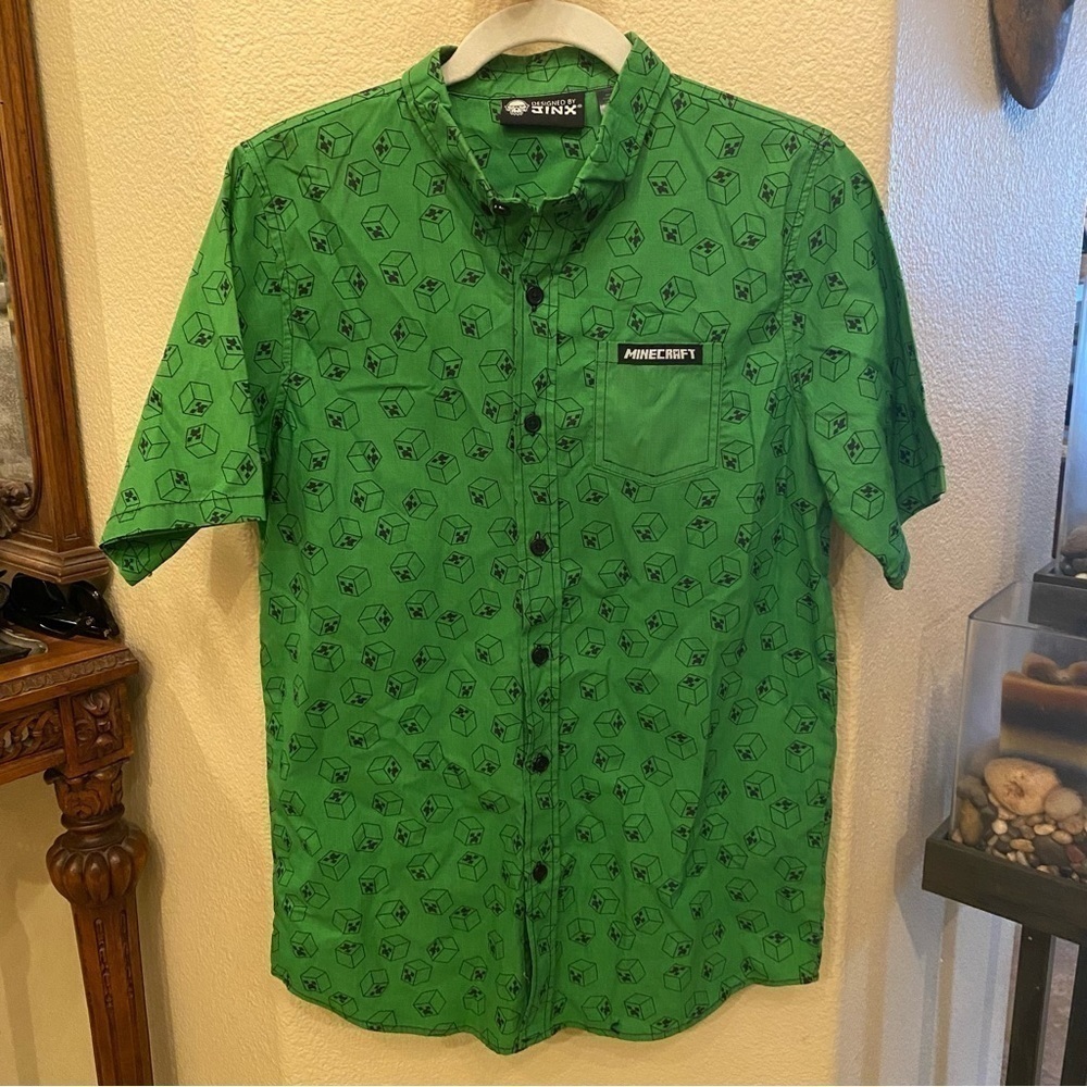 MINECRAFT Boys Green Graphic Button Short Sleeve Top Size XL